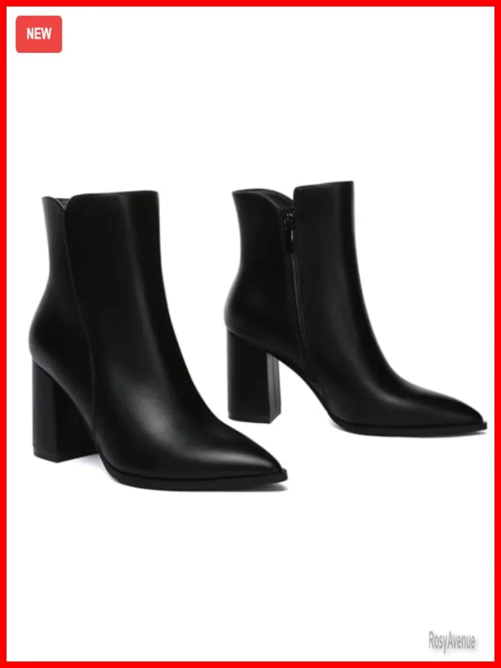 Pointed Toe Ankle Booties with Chunky Block Heel, Leather/Suede, Side Zipper,
